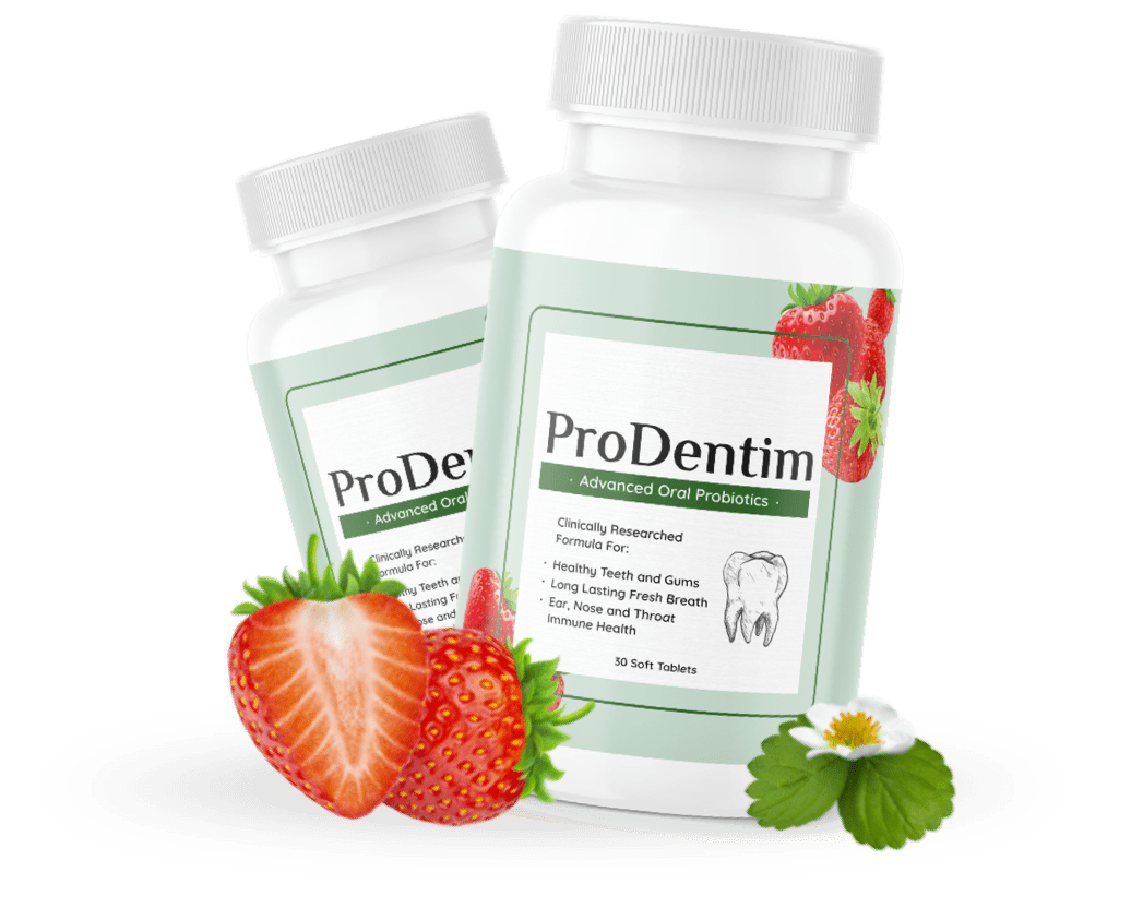 Two bottles of ProDentim with strawberries