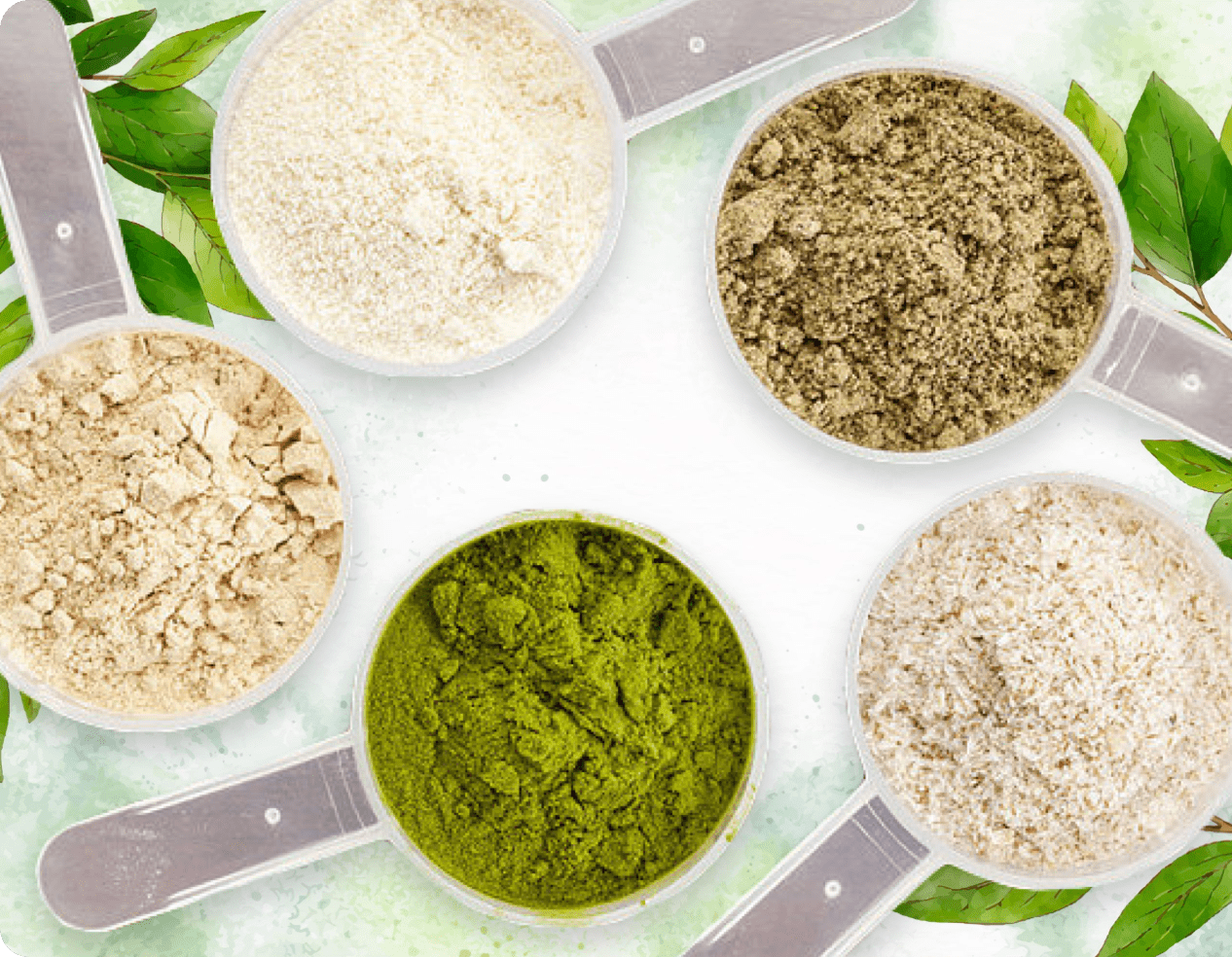 Powdered supplement ingredients in measuring scoops