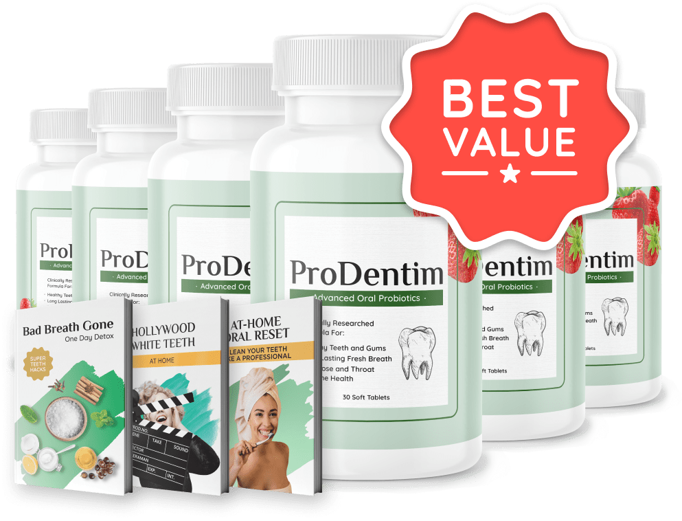 ProDentim 6-bottle package with three bonus guides
